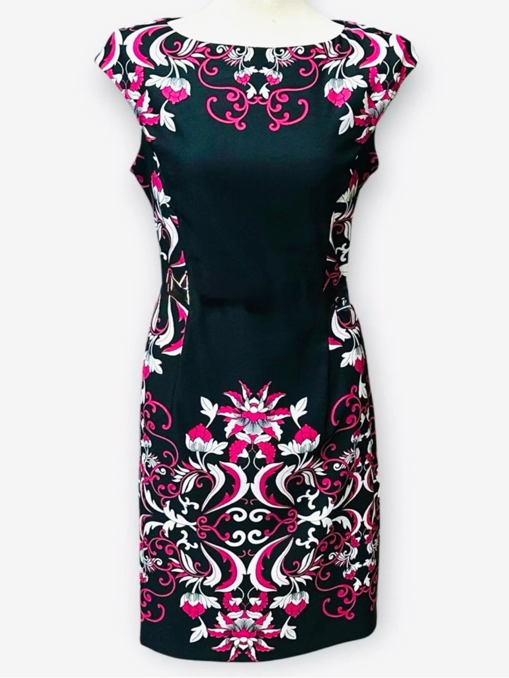 London Times Floral Print Sheath Dress Cap Sleeve Knee Length Black Pink 8